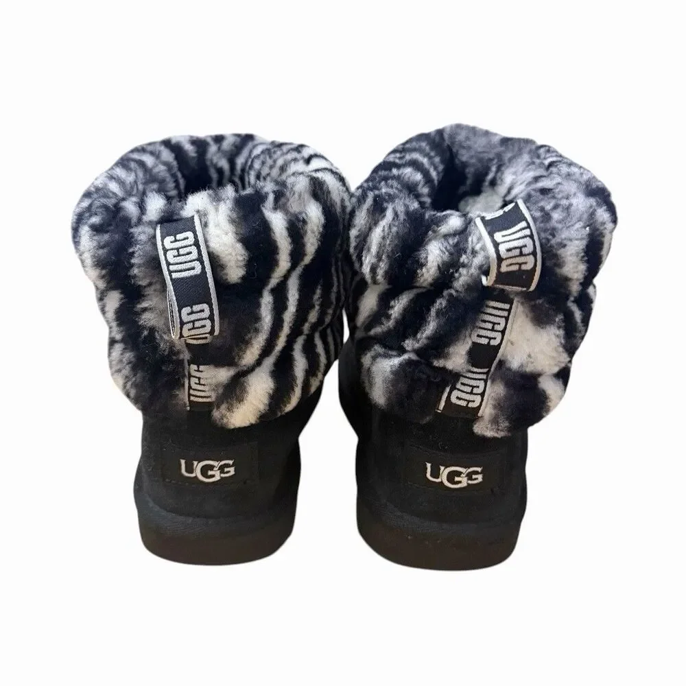 UGG Big Kids Sz 2 Fluff Mini Quilted Zebra Black White Suede Fur Boots